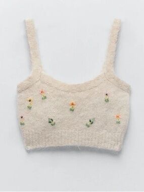 Zara Alpaca Blend Beaded Floral Detail Cropped Top Size S